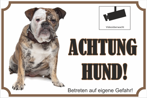 Tierschild im Querformat  mit Hund und HInweis Achtung Hund sowie Videosymbol